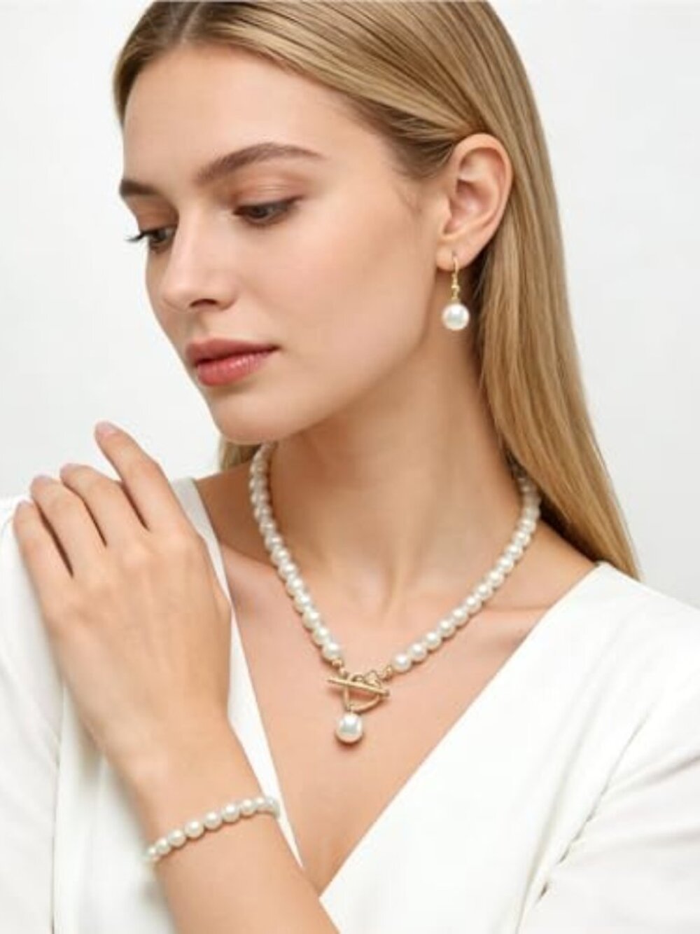 New - Pearl Choker Necklace for Women Faux Pearl Beads Strand Necklace Earring